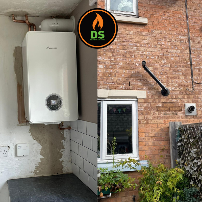 We replaced a 20-year-old boiler with a Worcester 4000 combi boiler adding an extended 10 year warranty. New boiler and external brick wall with piping.